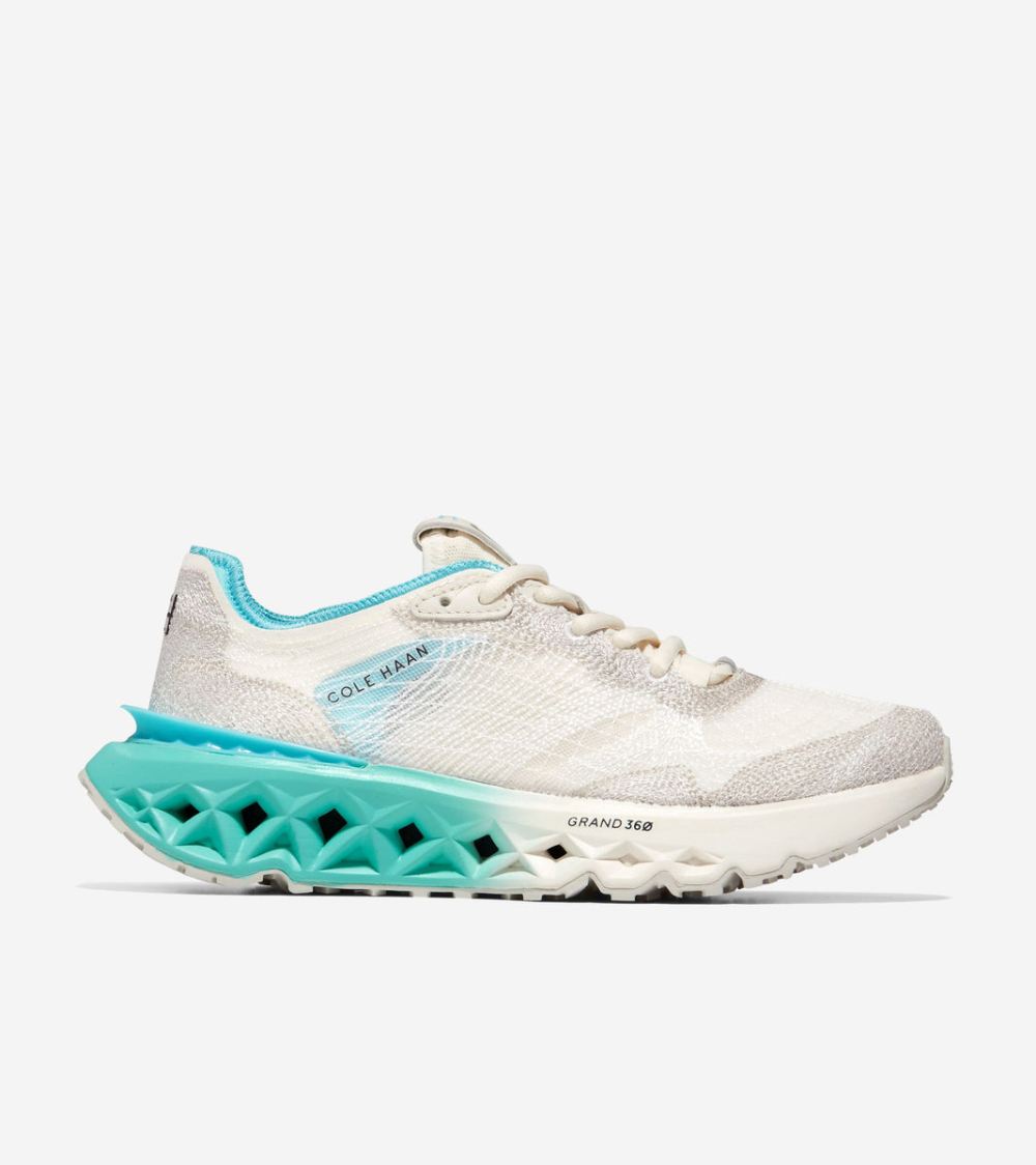 Cole Haan Women's 5.ZEROGRAND Embrostitch Running Shoe - Ivory-Silver Birch-Turquoise-Caribbean Blue