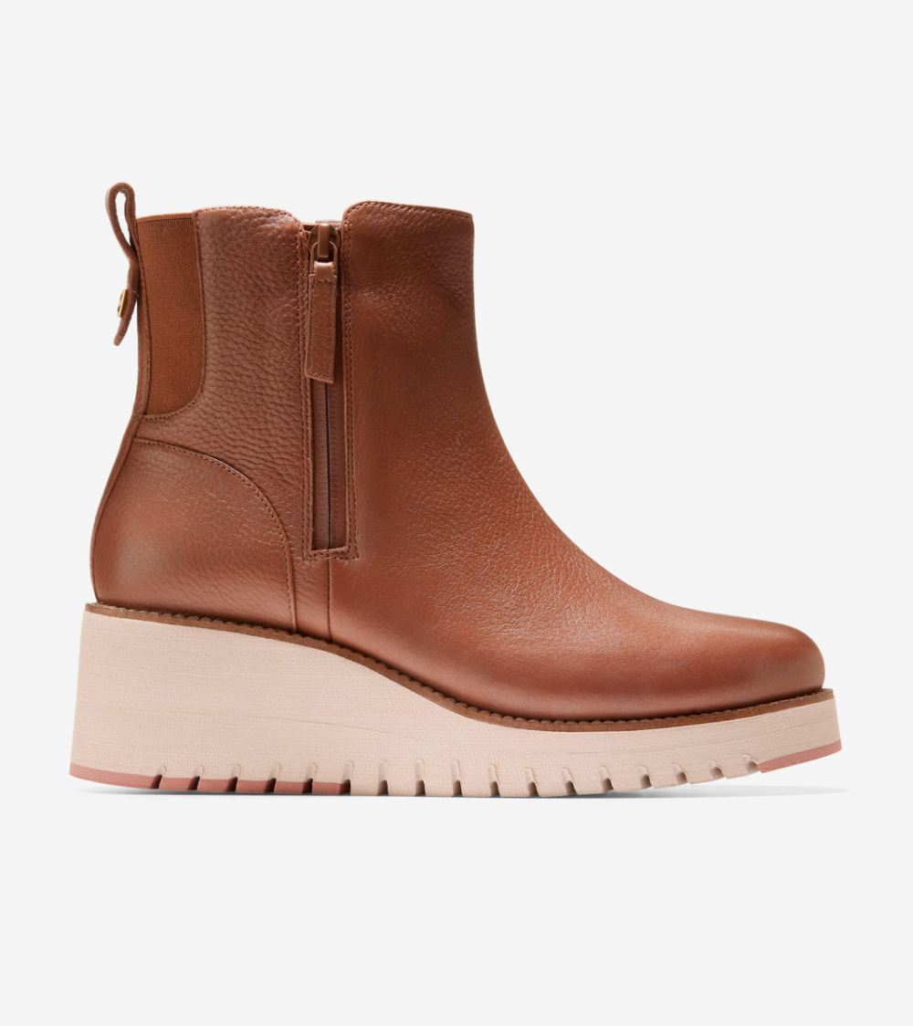 Cole Haan Women's ZEROGRAND City Wedge Side Zip Boot - British Tan-Ivory