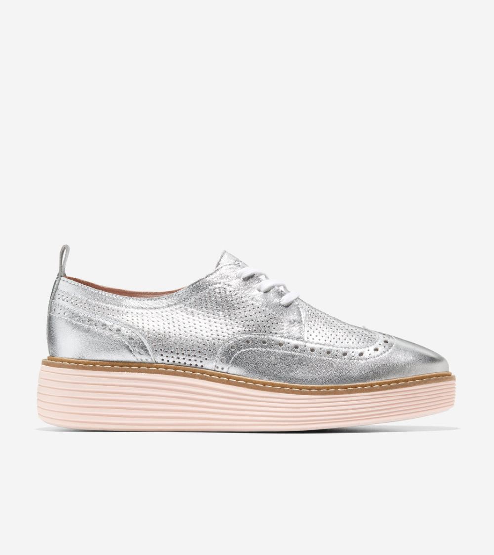 Cole Haan Women's OriginalGrand Platform Wingtip Oxford - Silver Talca-Rose Smoke