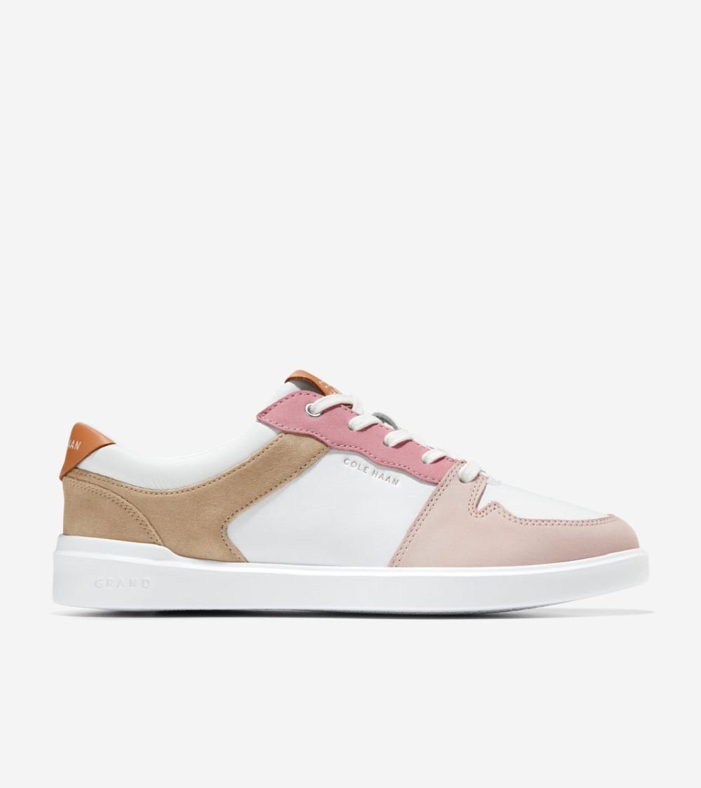 Cole Haan Women's Grand Crosscourt Tennis Sneaker - White-Sesame-Rose Smoke-Natural Tan