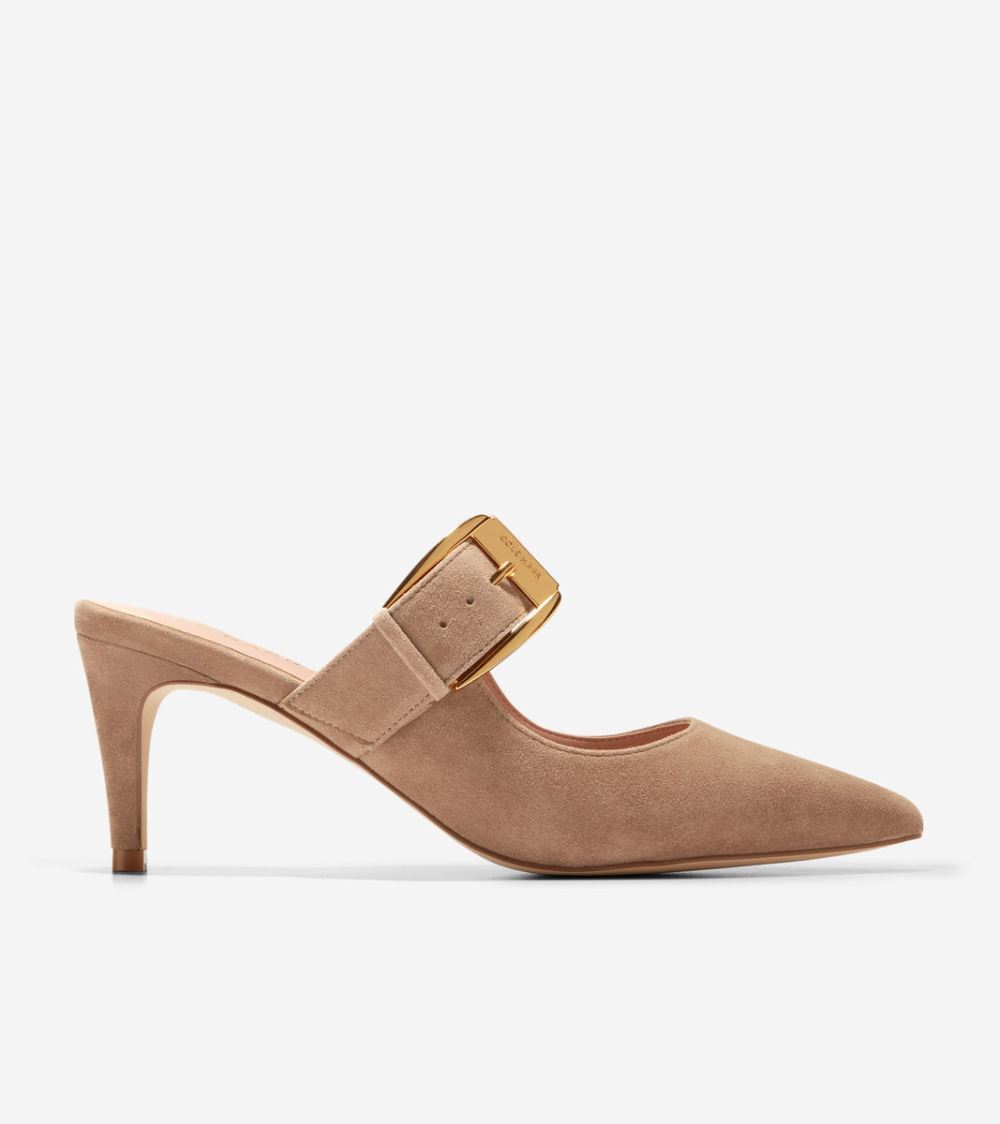 Cole Haan Women's Vandam Heeled Buckle Mule - Light Whiskey Suede