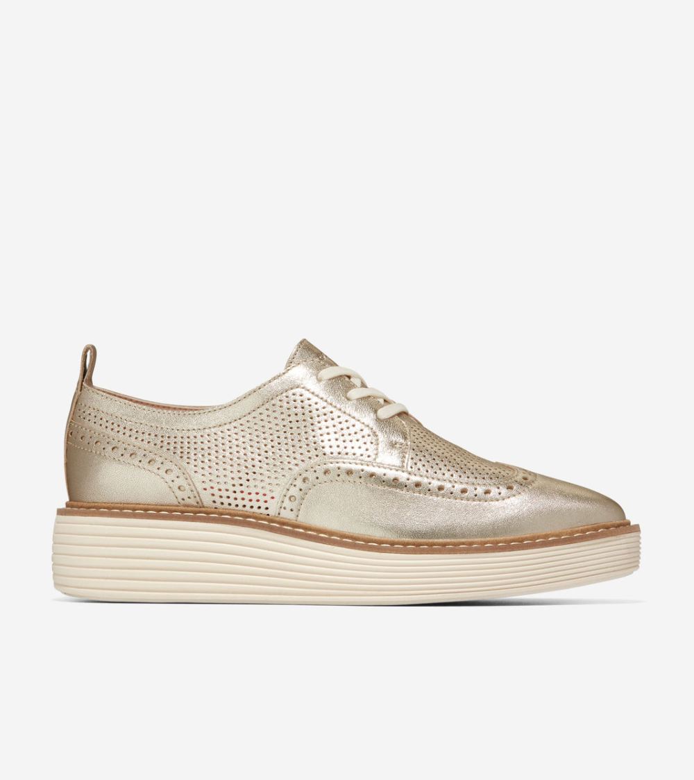 Cole Haan Women's OriginalGrand Platform Wingtip Oxford - Gold Talca-Ivory